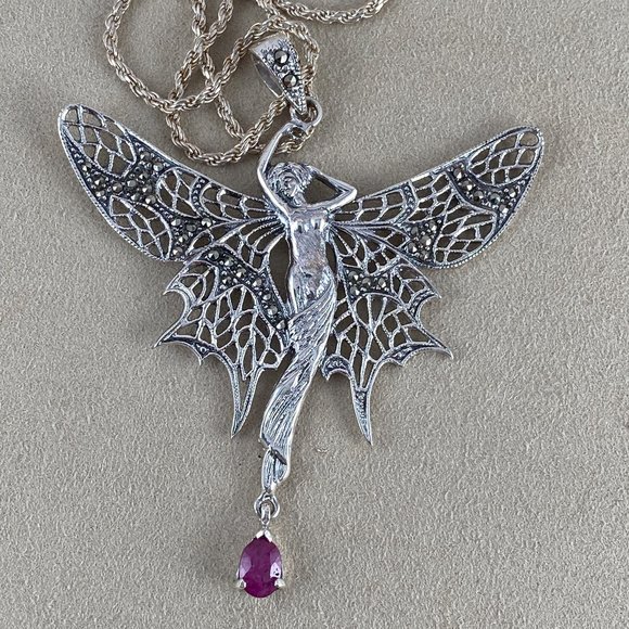 Whimsical Sterling Silver Faerie (Fairy) with Blood Red Ruby Drop Necklace - Picture 3 of 8